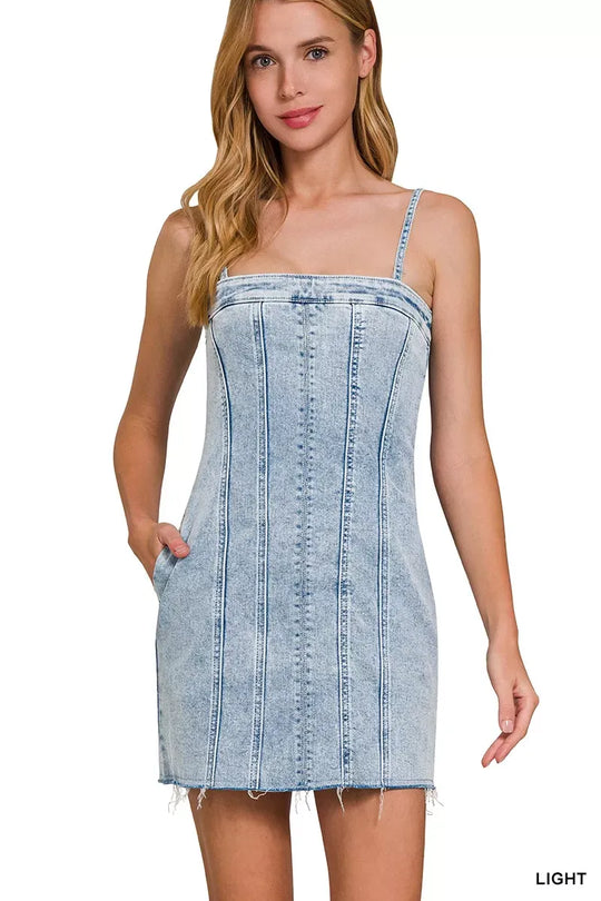 Another view: Spaghetti Strap Exposed Seam Light-Wash Dress