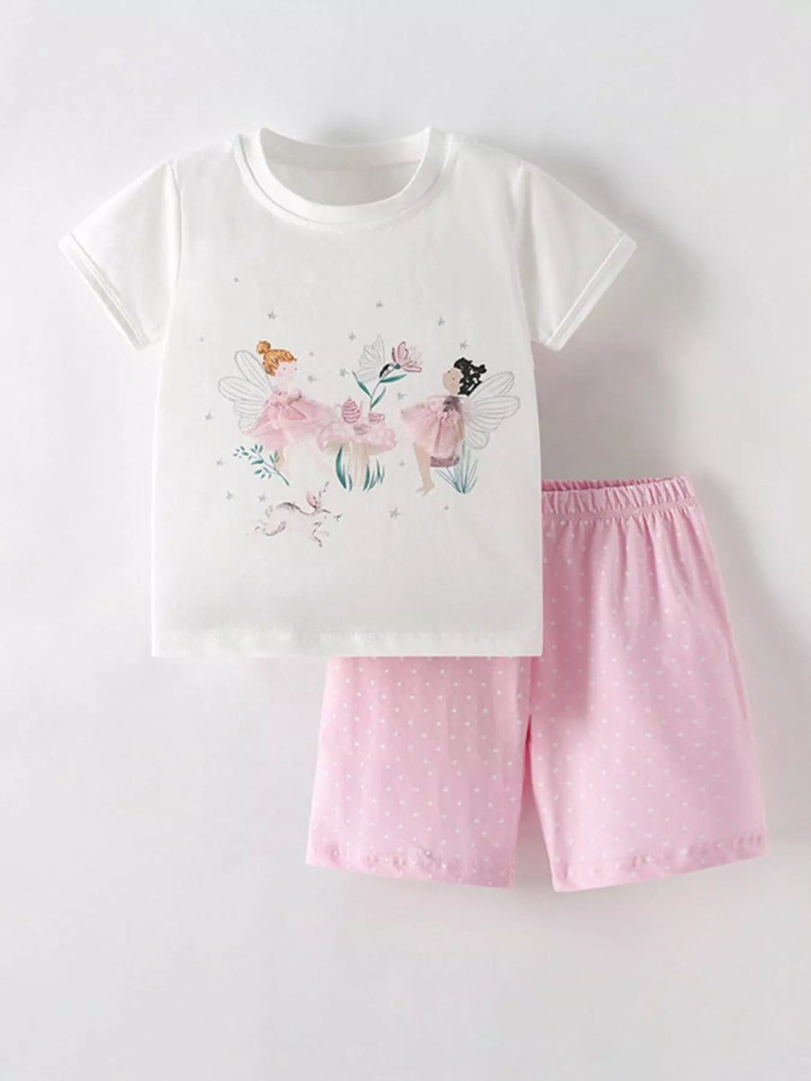 Fairy Graphic T-Shirt & Polka-Dot Shorts Set — White