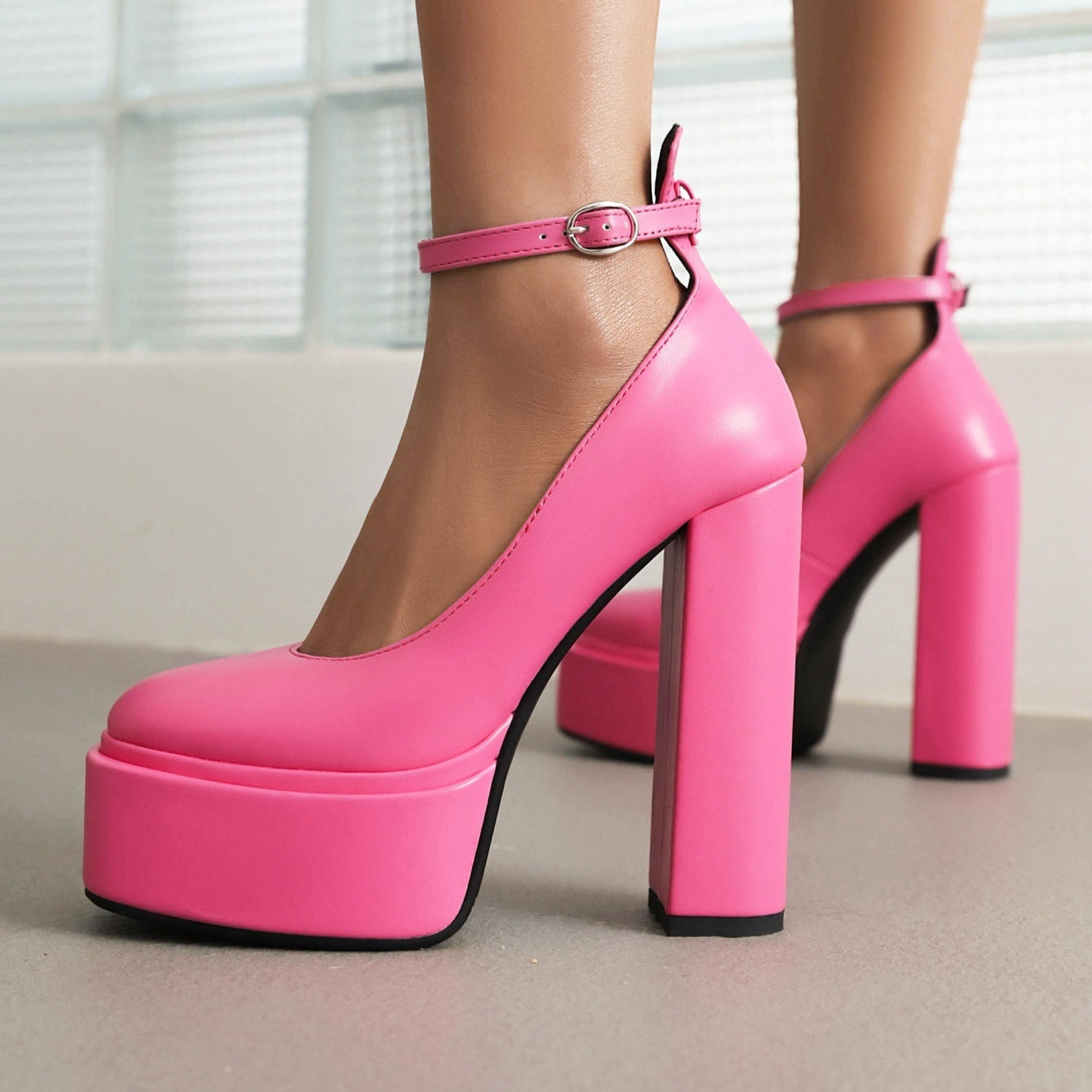 Women's Pointed-Toe Chunky Heel Buckle Pumps | Mid-Cut High Heels
