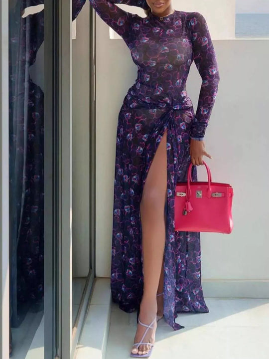 Another view: Sheer Floral Print Maxi Dress with High Slit