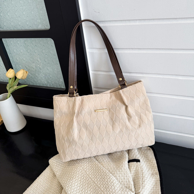 Women's Quilted Fabric Tote Bag – Minimalist Shoulder Bag with Diamond Pattern | Black, Beige, Khaki, Green