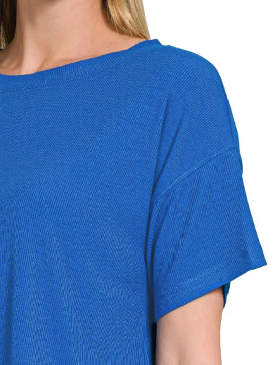 Another view: Ribbed Round-Neck Crop T-Shirt — Classic Blue