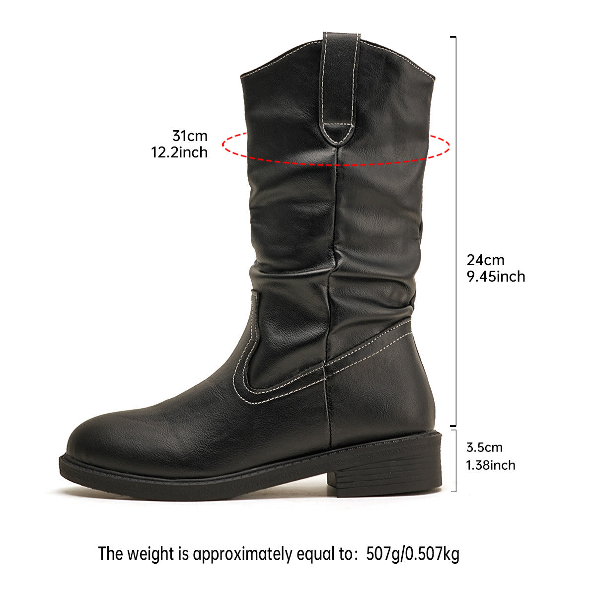 Women's V-Cut Pleated Mid-Calf Boots – Chunky Heel Pointed Toe PU Leather Slip-On