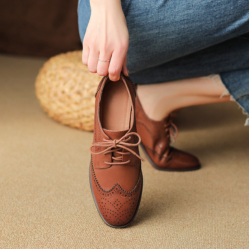 Women's British-Style Lace-Up Peep-Toe Oxford Shoes | Wax Cowhide Leather Flats