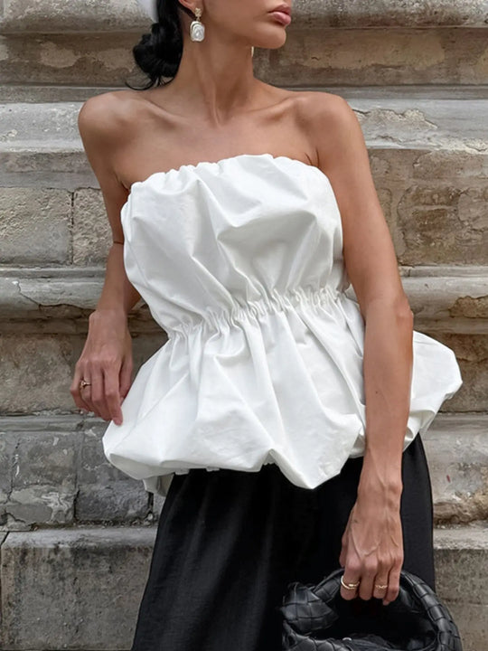 Another view: White Ruched Bubble-Hem Strapless Tube Top