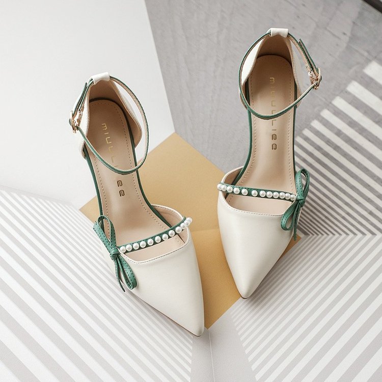 Women's Pointed-Toe Stiletto Pumps | Leather Strap Heels in Off-White & Emerald Green