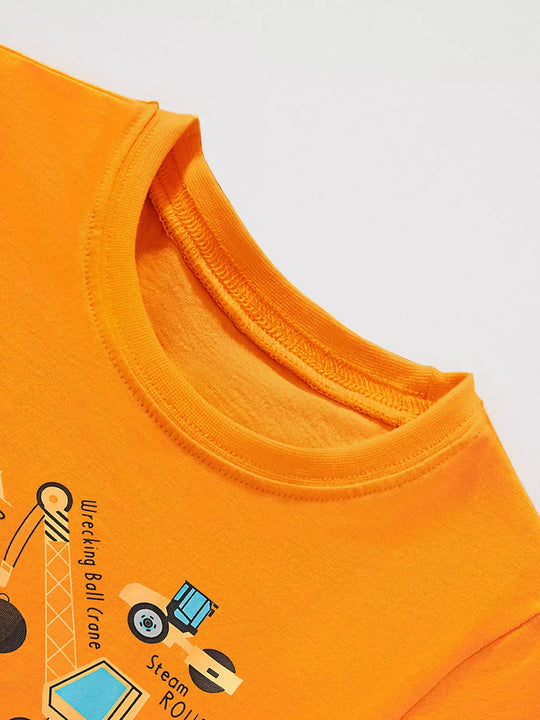 Another view: Kids’ Construction Vehicle Long-Sleeve Cotton T-Shirt — Tangerine