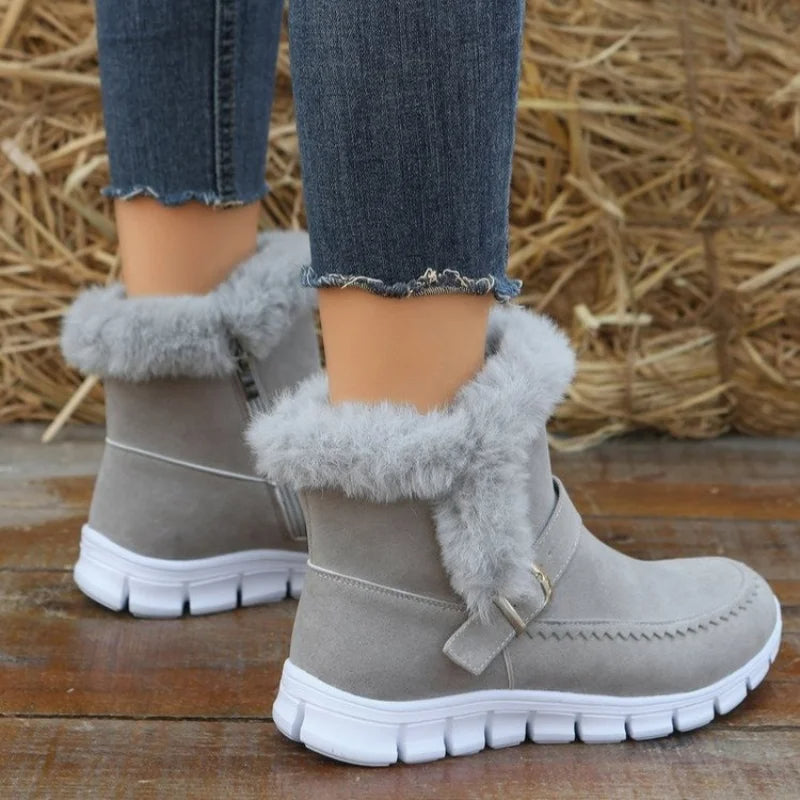 Women's Winter Snow Boots - Warm Plush Ankle Boots with Buckle Design