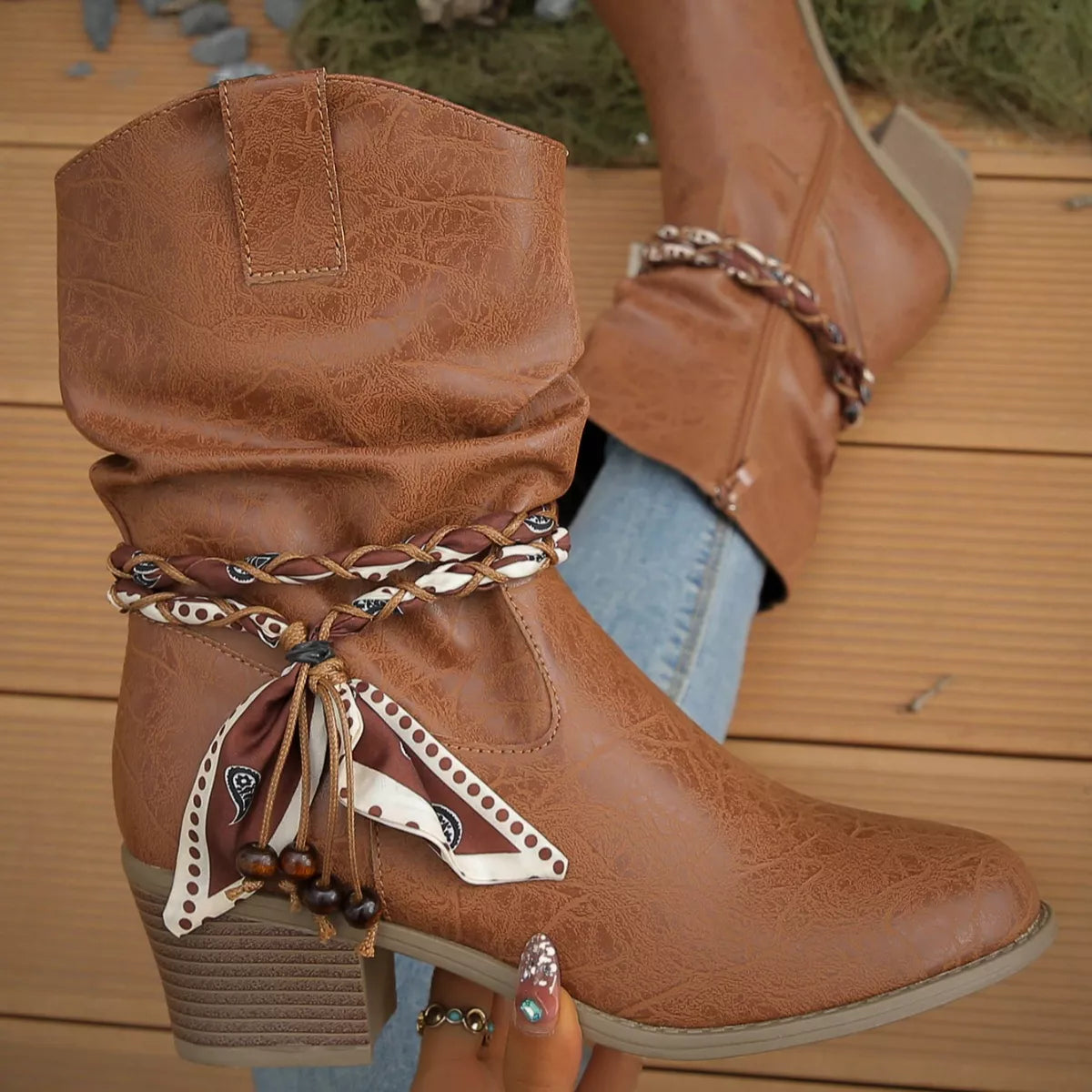 Women's Braided Detail Western Cowgirl Boots | Block Heel Ankle Boots | PU Leather
