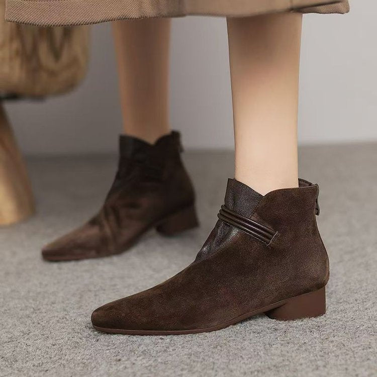 Women's Retro Suede Chunky Heel Ankle Boots – Pointed Toe Slip-On