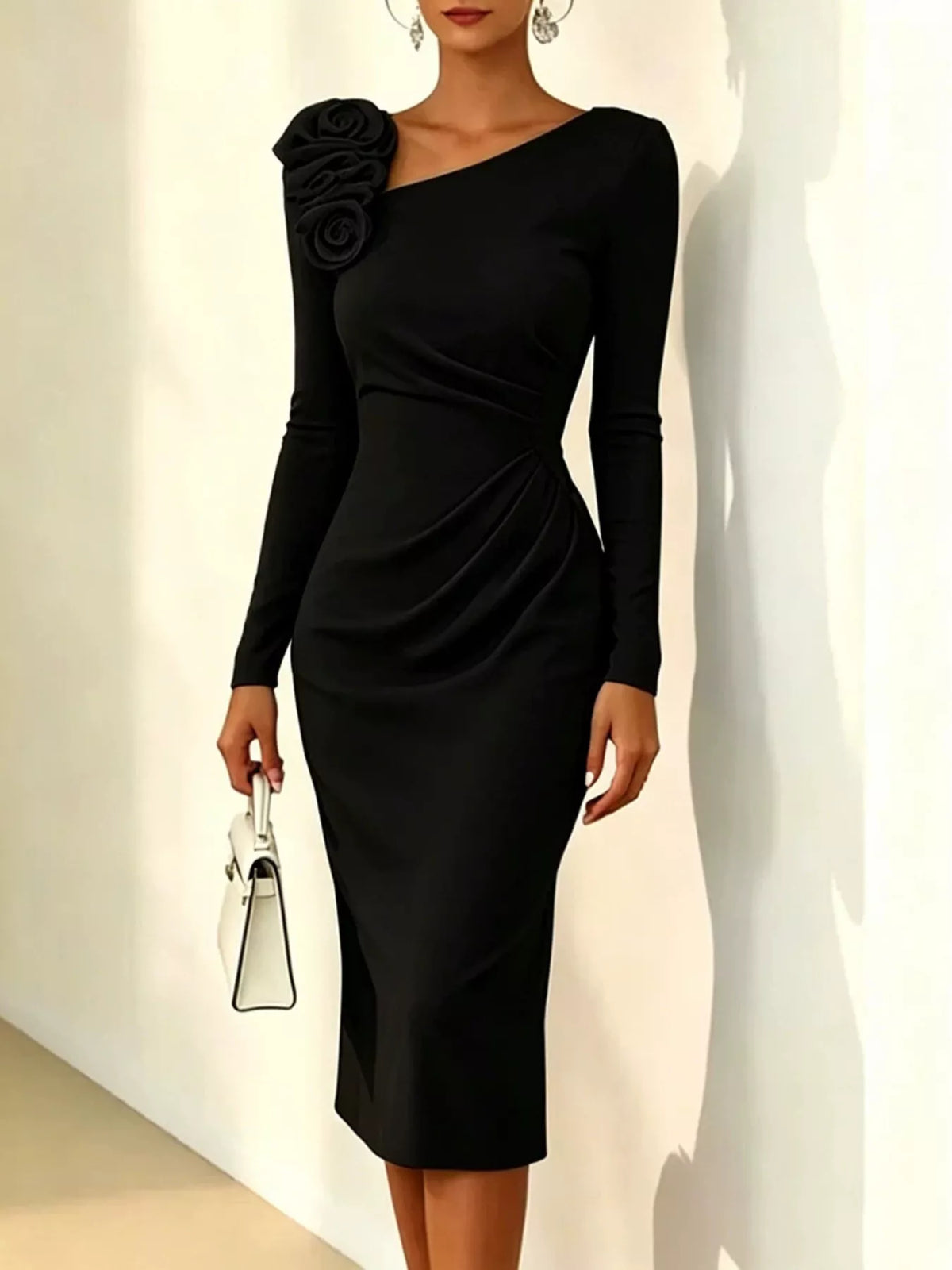 Rose Appliqué Asymmetrical Midi Dress