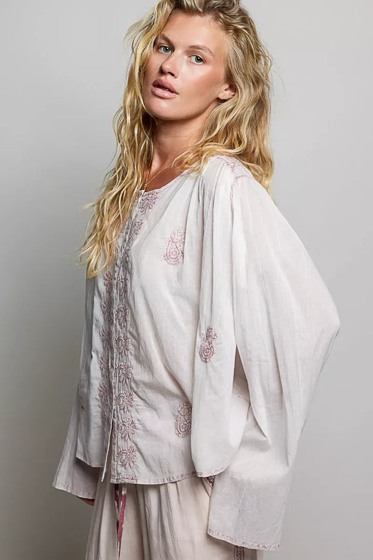 Another view: POL Embroidered Gathered Shoulder Long Sleeve Shirt