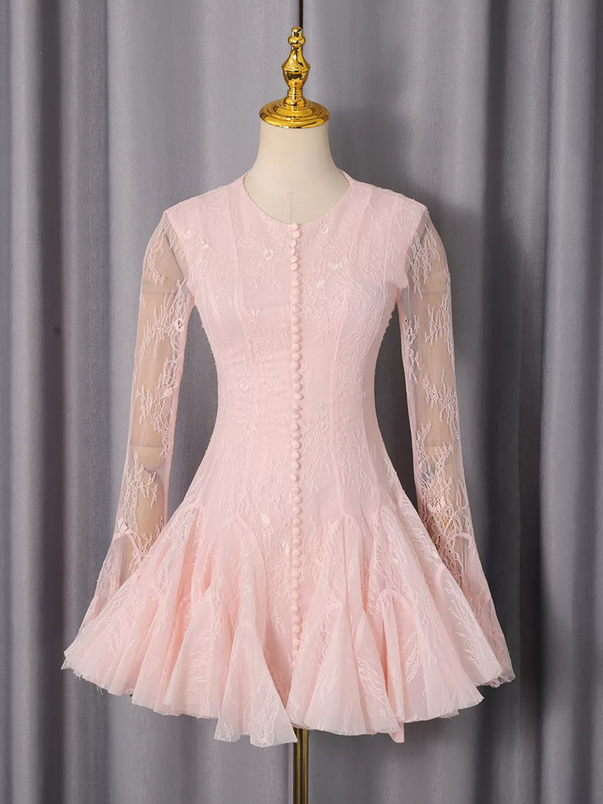 Pink Lace Flare-Sleeve Mini Dress