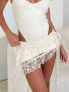 Milky-white ruffled floral-lace mini skirt