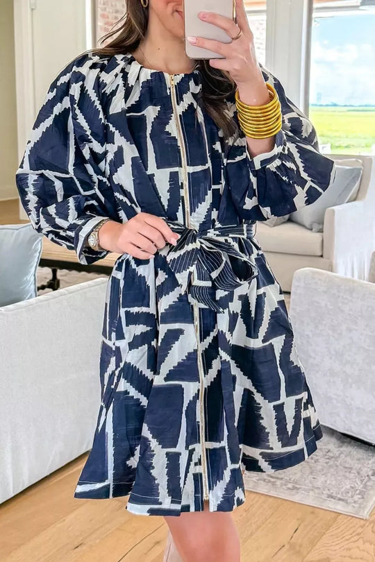 Another view: Abstract Geometric Print Zip Front Tie Waist Shift Dress