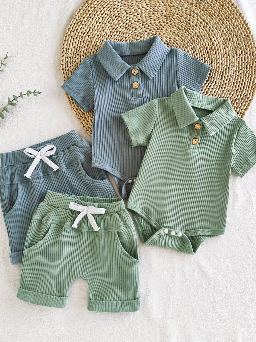 Bluebird Lane Ribbed Knit Polo Bodysuit & Shorts Set