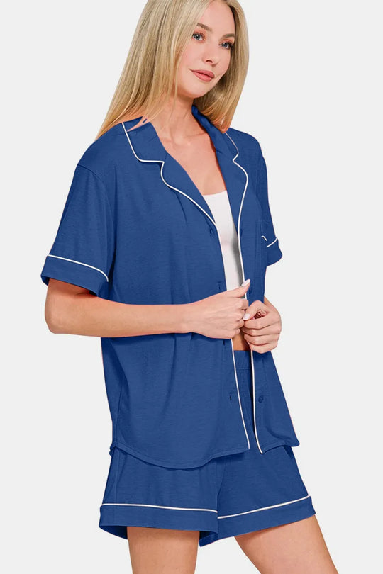 Another view: Button Down Short Sleeve Top and Shorts Lounge Set — Navy