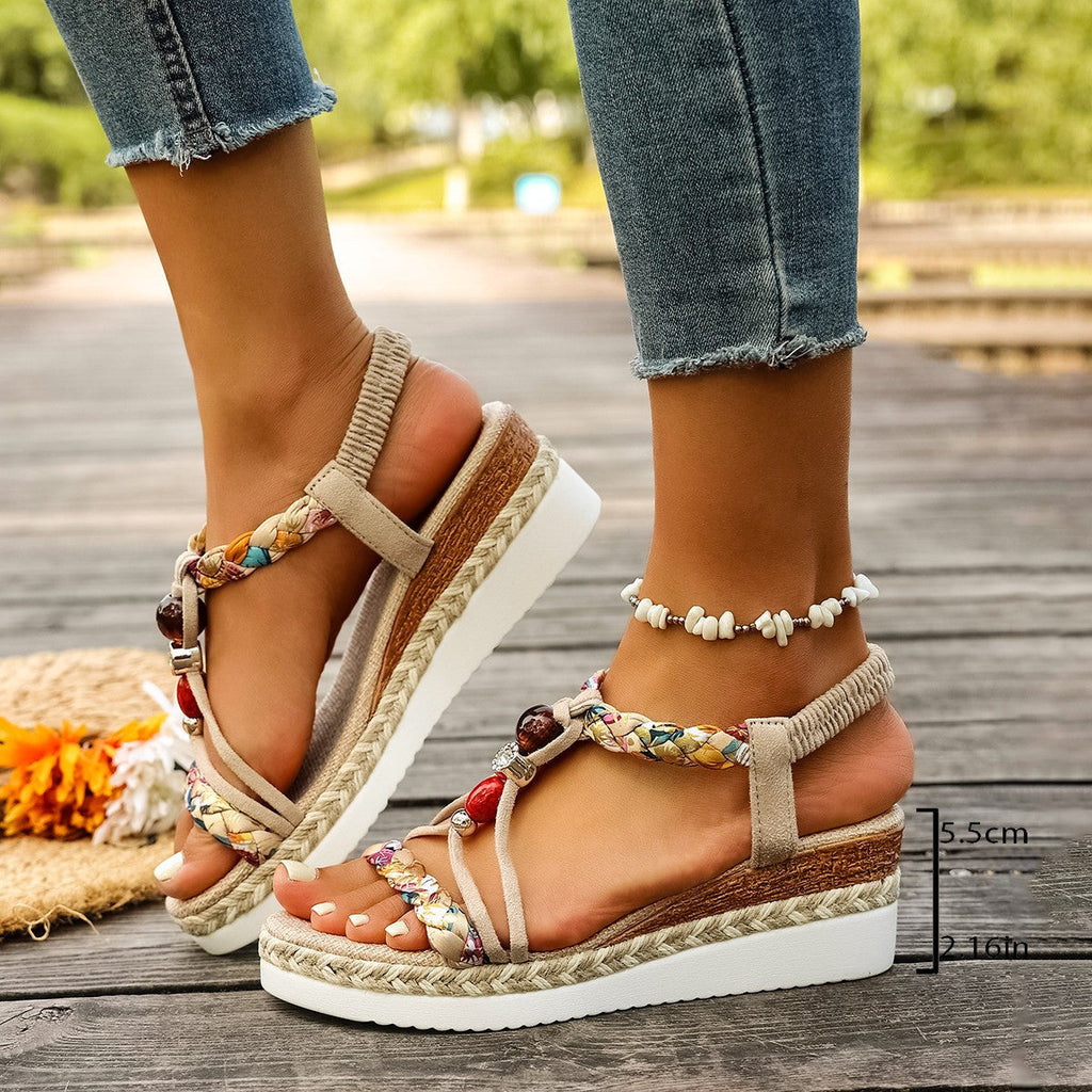 Women's Peep-Toe Platform Sandals | Elastic Band Bohemian Heels