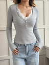Grey lace-trim long-sleeve Henley top for women