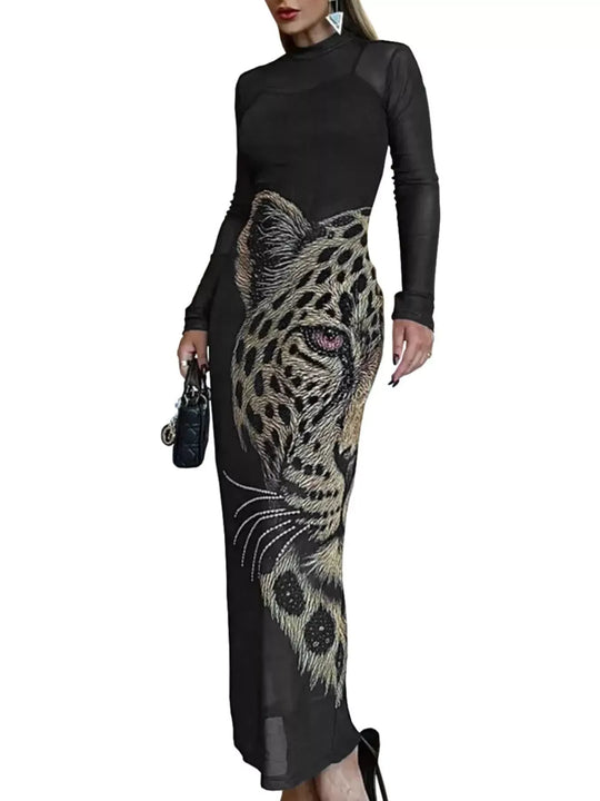 Another view: Leopard Print Mesh Long-Sleeve Maxi Dress