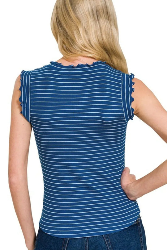 Another view: Ribbed Ruffle Trim Sleeveless Stripe Top — Lt Navy/White