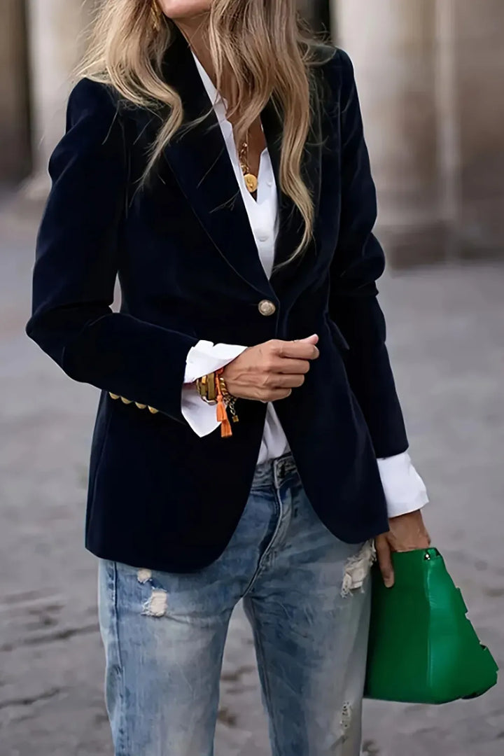 One Button Lapel Collar Long-Sleeve Blazer