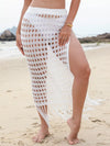 Fringe-trim openwork split swim cover-up skirt