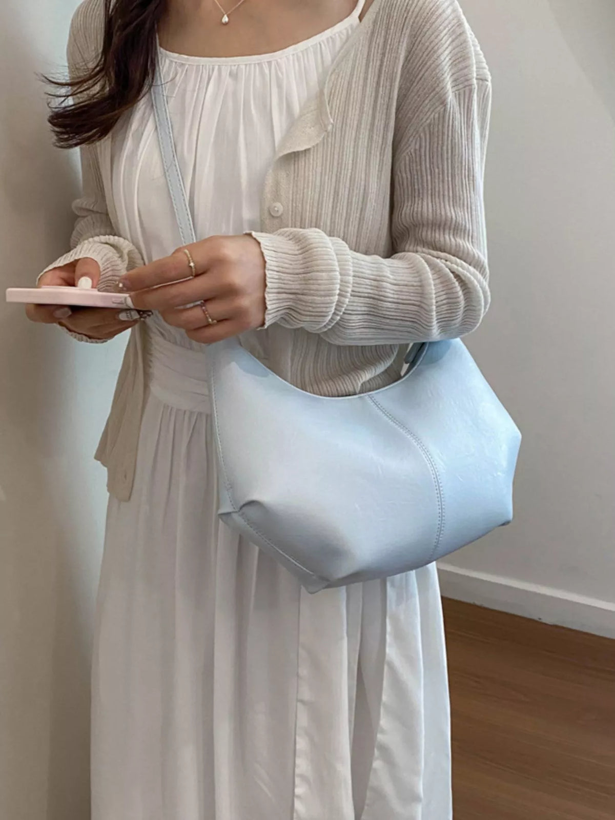Blue Adjustable-Strap PU Leather Crossbody Bag