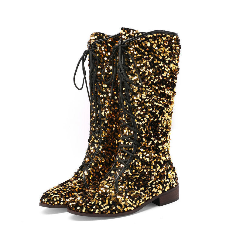 Women's Glitter Sequin Over-the-Knee Boots | Chunky Mid Heel, Lace-Up, Round Toe