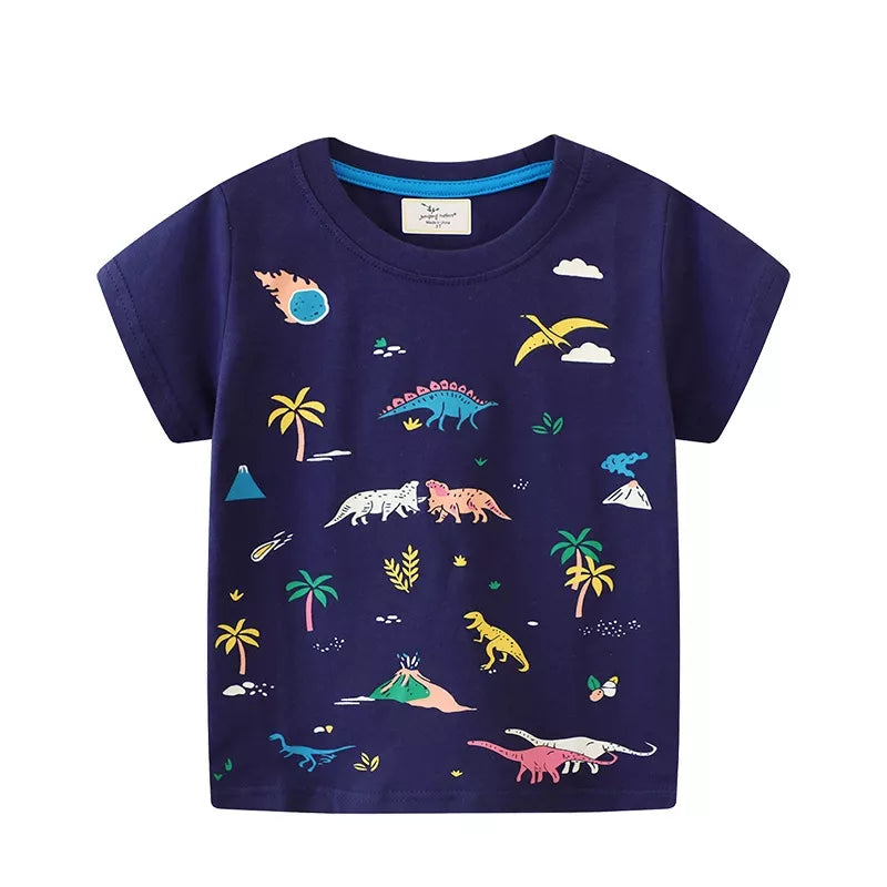 Kids’ Dinosaur-Print Cotton T-Shirt — Dark Navy