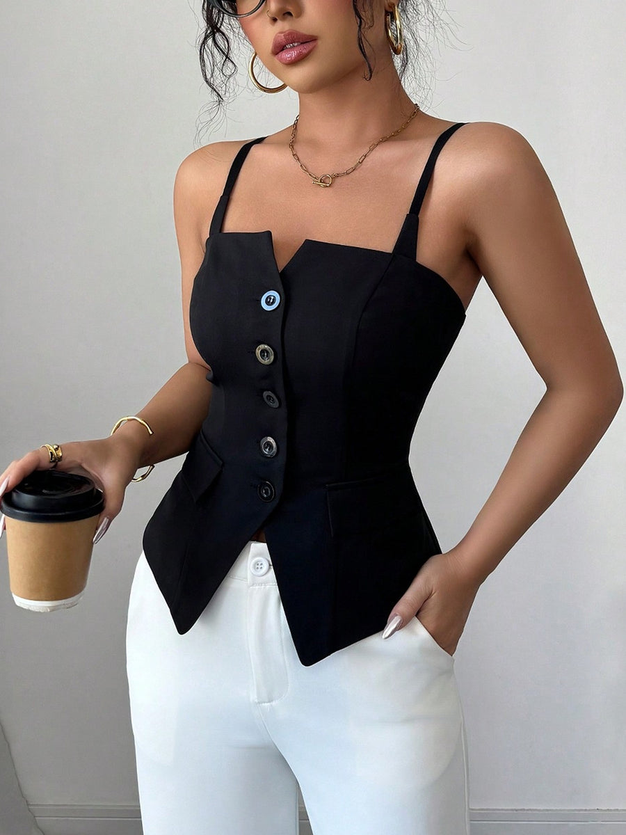 Black Button-Front Fitted Cami Top