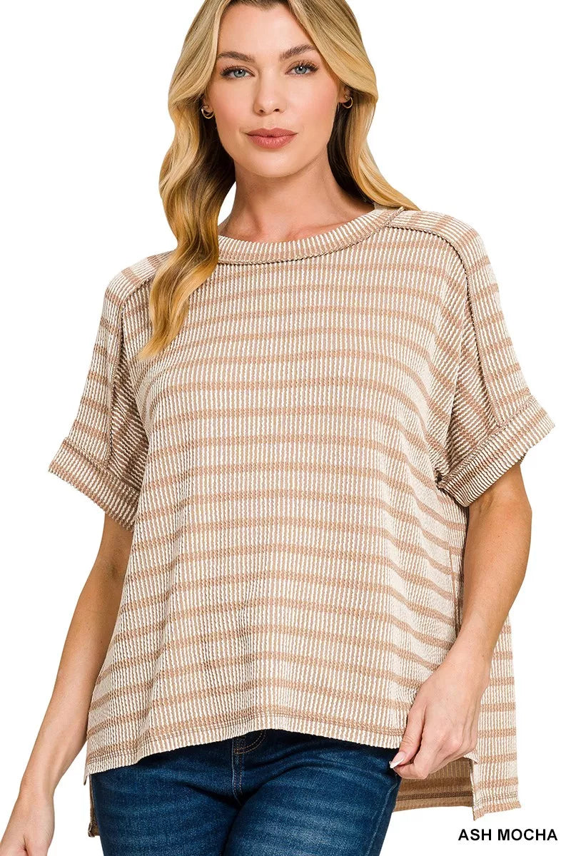 Raised Rib Striped Exposed Seam Top