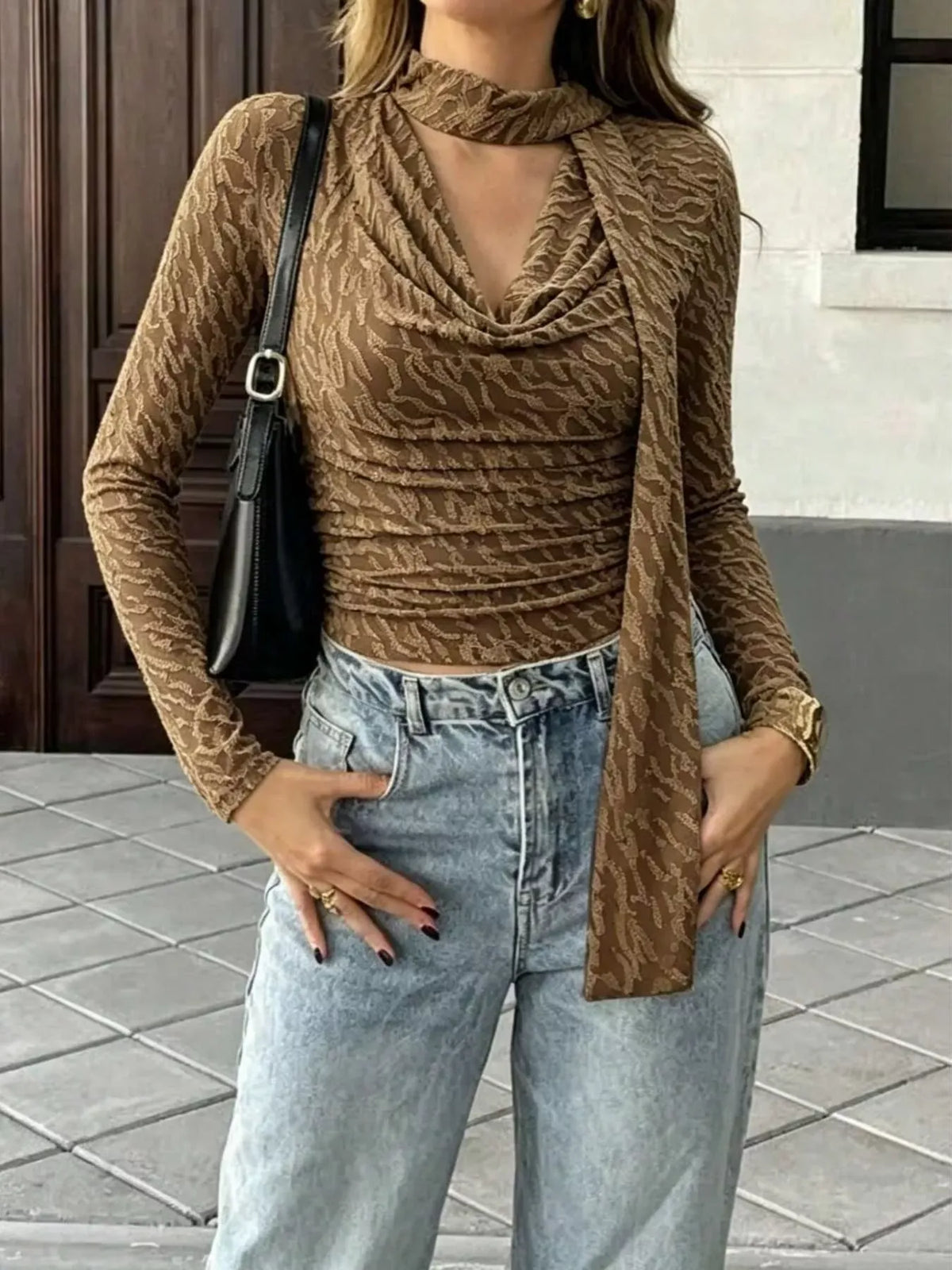 Textured Cowl-Neck Blouse with Scarf Detail — photo 6