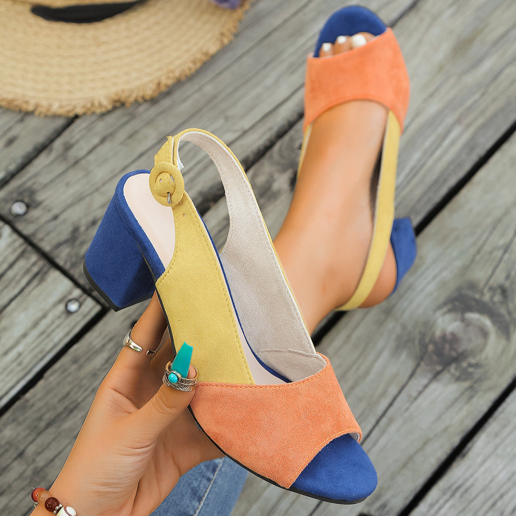 Women's Colorful Block Heel Sandals | Round Toe Suede Heels with Buckle Closure