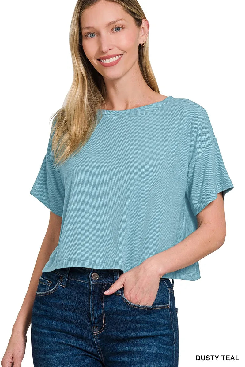 Ribbed Round-Neck Crop T-Shirt — Dusty Teal