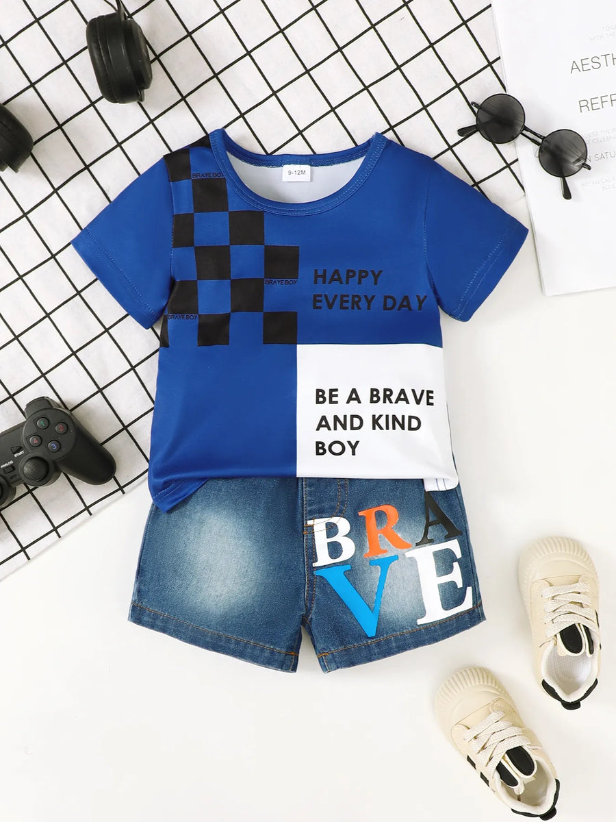 Baby Letter Top & Denim Shorts Set – Navy