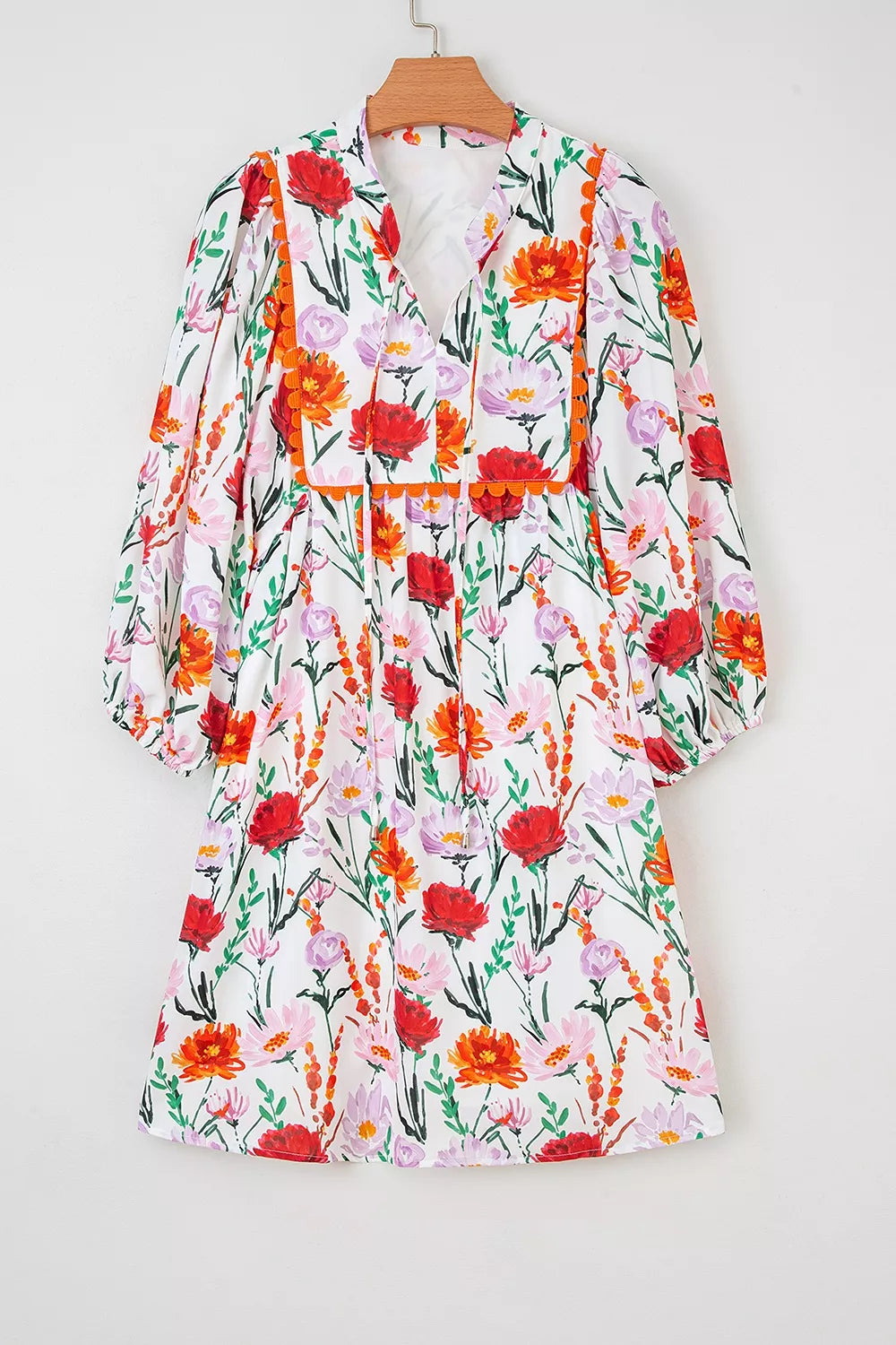 Floral Ricrac-Trim Puff-Sleeve Mini Dress