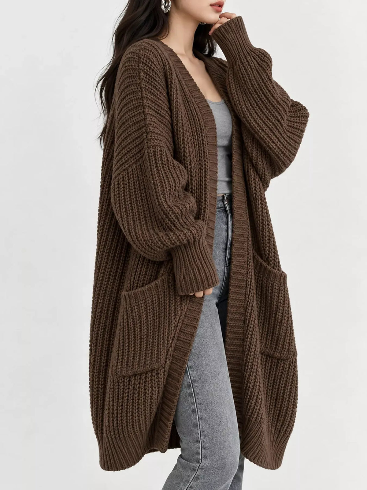 Oversized Openwork Longline Cardigan with Pockets — photo 25