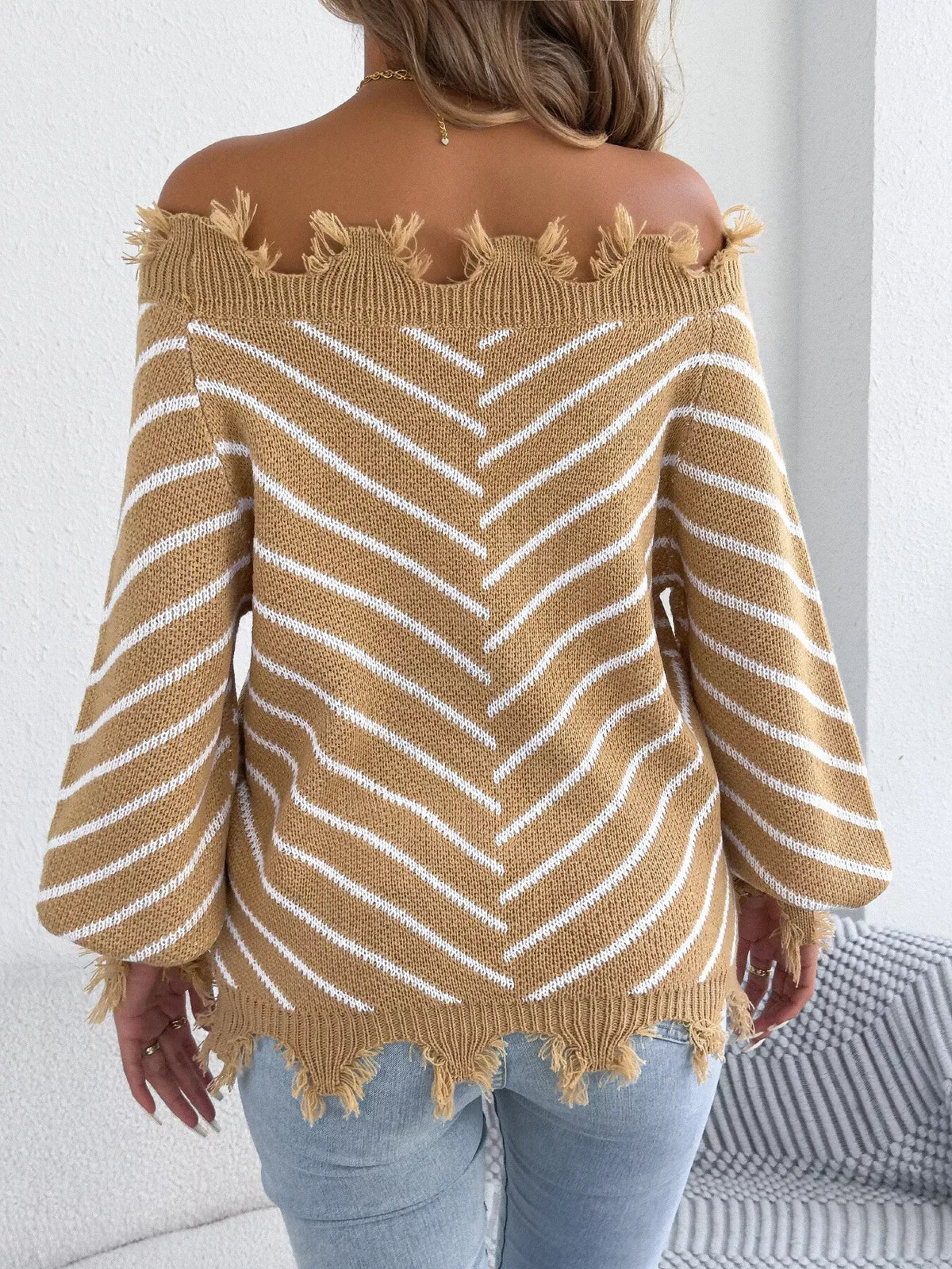Women's Distressed Off-Shoulder Striped Sweater — photo 12