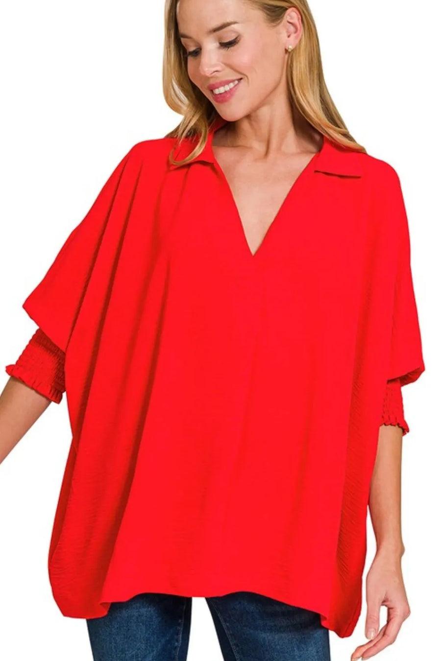 Airflow Collar Tee with Smocked Sleeve Band Top — TOMATO