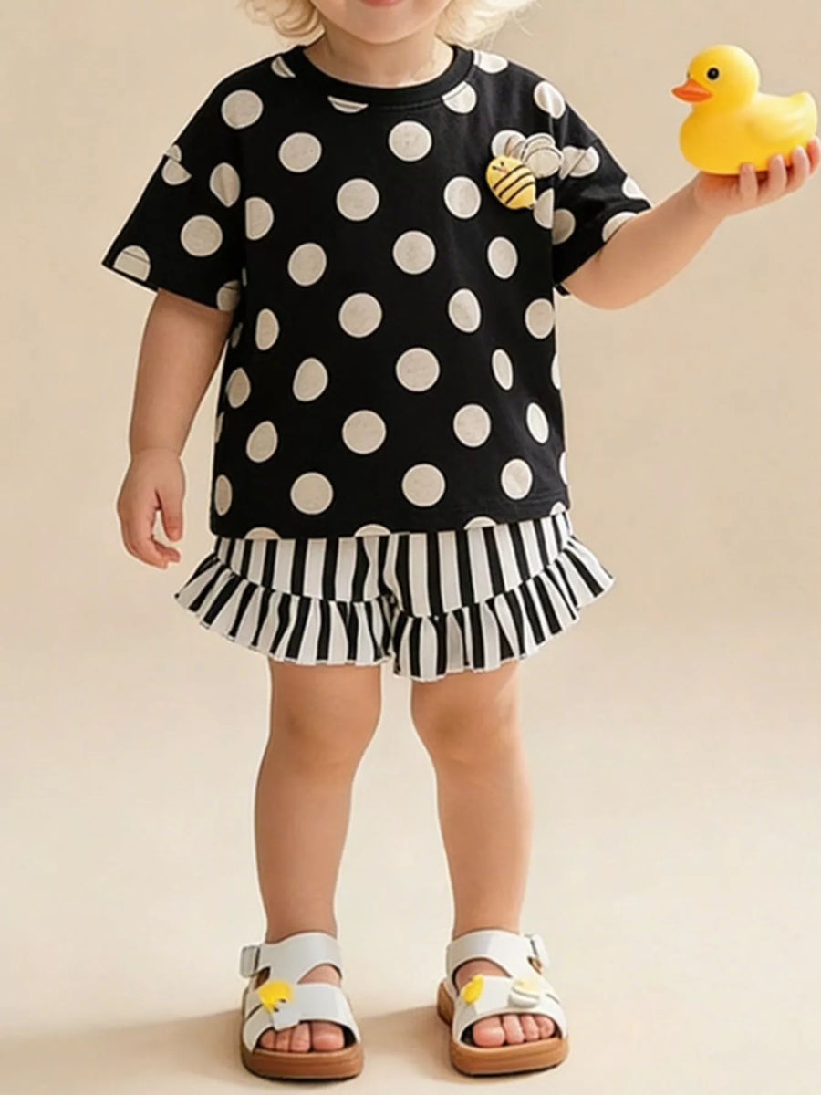 Girls' Polka-Dot Top & Ruffle Shorts Set – Black