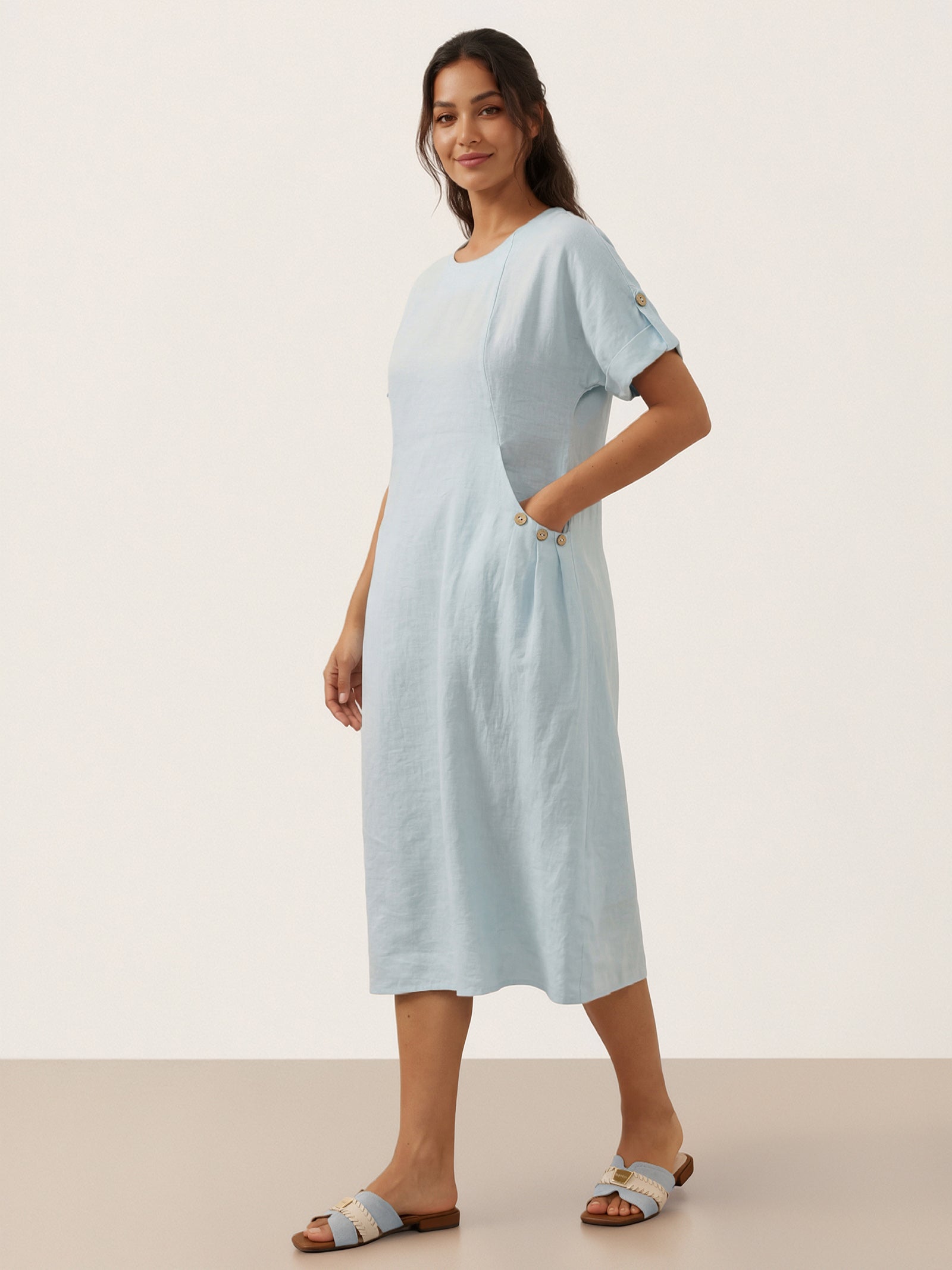 100% Linen Vintage A-Line Button Detail Midi Dress AMIN