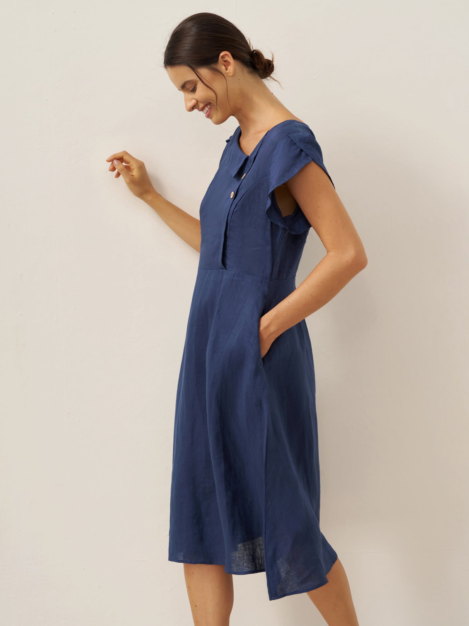 100% Linen Crescent Collar Flutter Sleeve Mini Dress FIONA