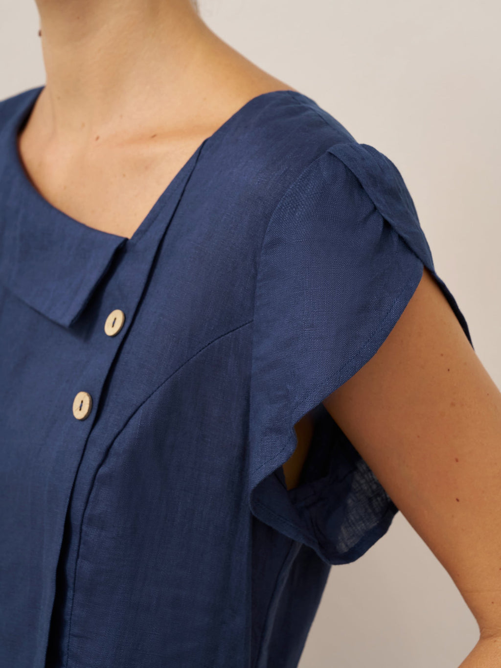 100% Linen Crescent Collar Flutter Sleeve Mini Dress FIONA