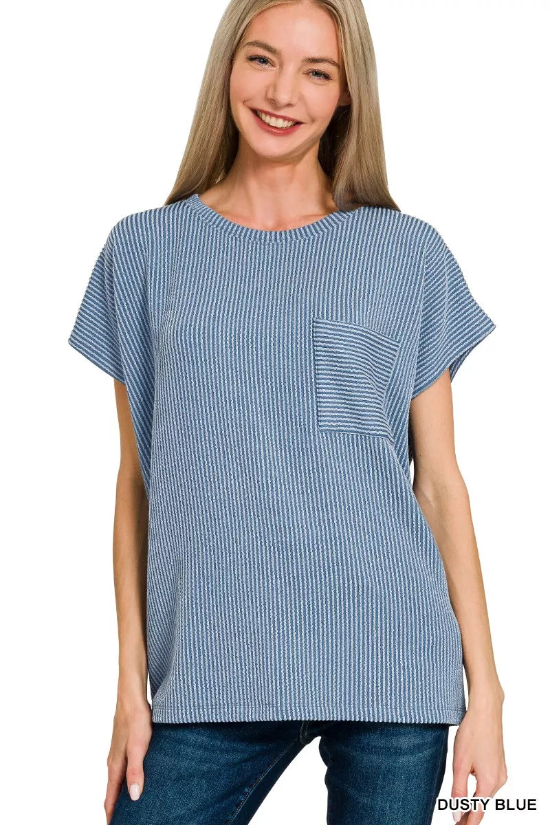Raised Rib Front Pocket Boxy Top — DUSTY BLUE