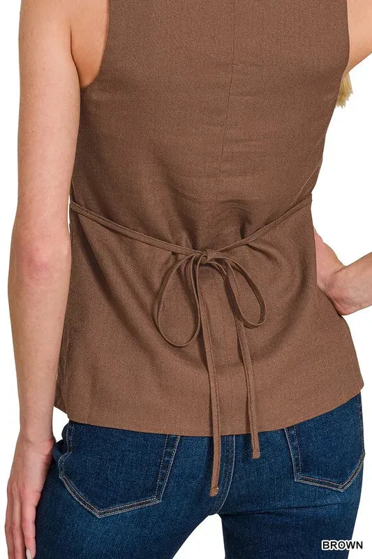 Another view: Linen Tie-back 4-button Vest with Lining — Brown