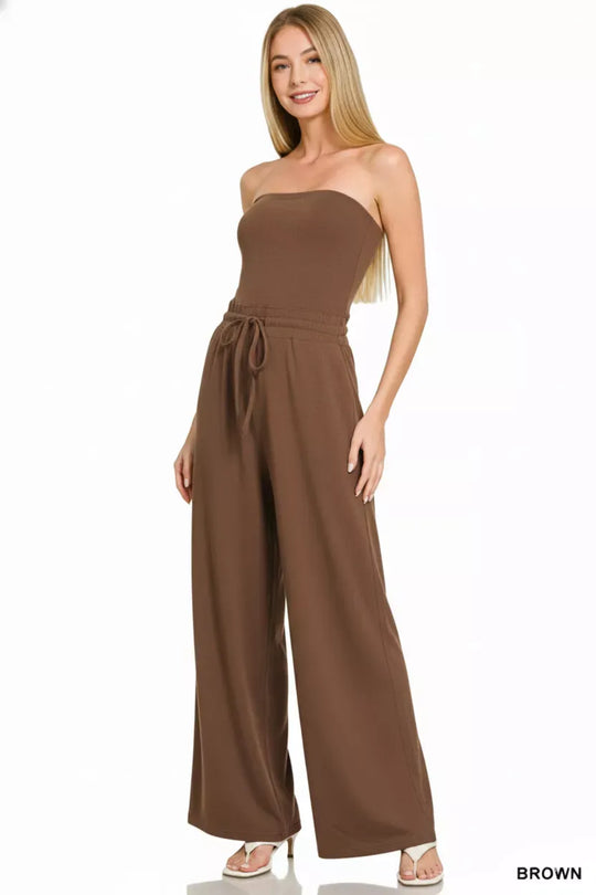 Another view: Tube Top Jumpsuit with Drawstring Waist — Brown