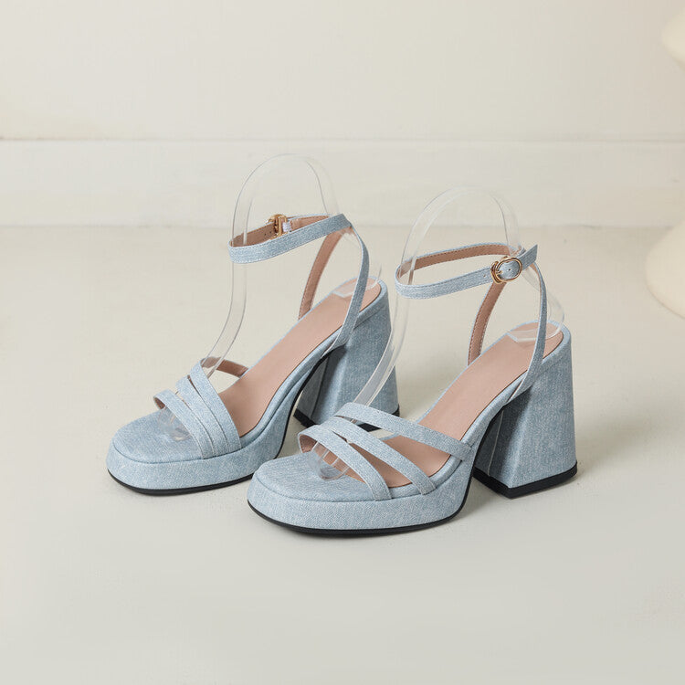 Women's Denim Strap Chunky Heel Sandals | Round Toe Block Heel | Light Blue, Dark Blue & Gray