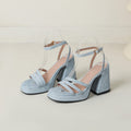 Women's Denim Strap Chunky Heel Sandals | Round Toe Block Heel | Light Blue, Dark Blue & Gray