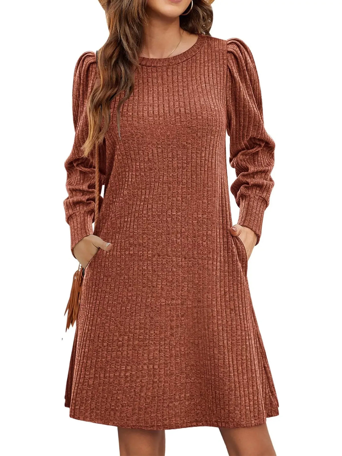 Puff-Sleeve Ribbed Knit Dress with Pockets — photo 5